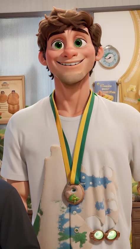 Um menino loiro, com uma medalha de prata, olhos verdes, estilo disney pixar, alta qualidade, melhor qualidade