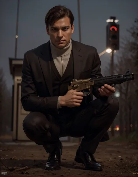 Spy man German features, short brown hair, very short hair, white skin, brown eyes, serious expression, Matte dark brown formal suit, Under the suit he wears a red turtleneck, He wears a gold mans necklace, he holds a gun , brown shoes, outside night fores...