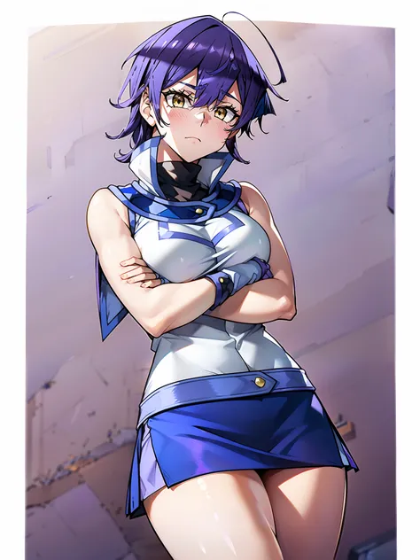 girl, sleeveless jacket, bare shoulders, (((short hair))),blue skirt, (((((purple hair))))), yellow eyes,crossed arms,tsundere,thighs, cowboy, (((messy hair))),ahoge,blue boots,fingerless gloves, blush,blunt bangs, pantyhose