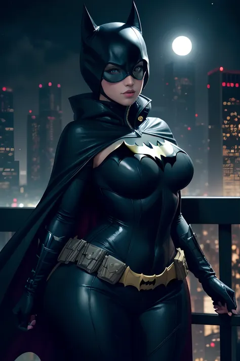 batman cosplaying in a black latex suit and cape, batgirl, anigirl batman, nighttime in gotham city, thicc, cosplay on black har...