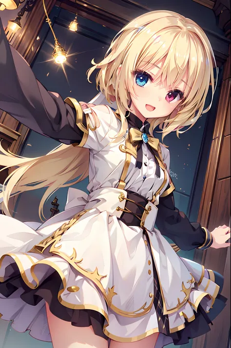 one girl,smile with open mouth,blondehair,princess knight,heterochromia,top image quality,best quality