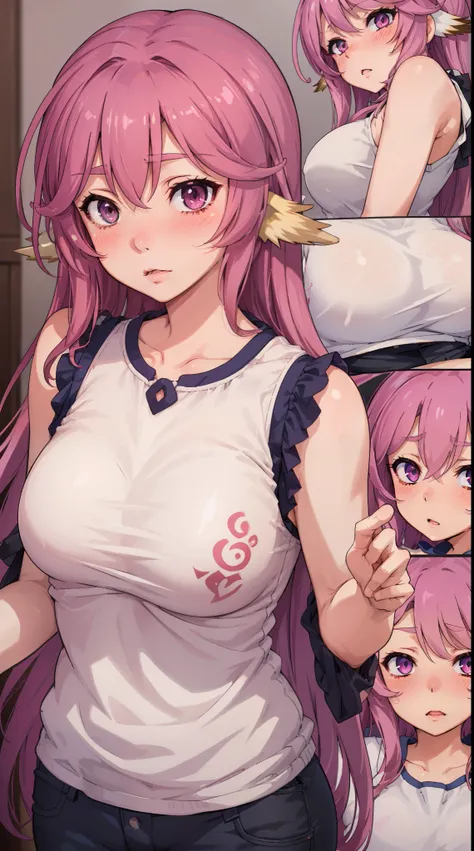 Jibril, ((upper body)), blushed, perfect anatomy, detailed eyes, detailed lips, extremely detailed eyes and face, vivid colors, sharp focus, masterpiece:1.2, ultra-detailed, blushed, ((doggystyle)), (solo), ((casual clothes)), sleeveless, ((((360 view)))).