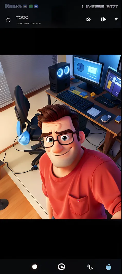 Homem estilo Disney pixar, com o fundo sendo uma mesa com computador