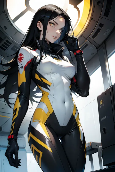 1 girl, black hair, yellow eyes, very long hair, pale skin, fit body, slender body, slim waist, large breasts, (confident expression), pilot suit, thigh gap