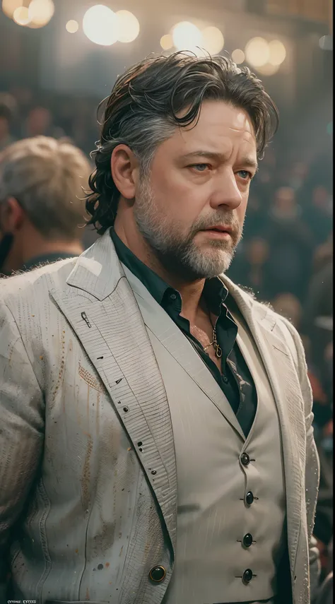 (Movie Premiere Poster 1.8)， tmasterpiece，Russell Crowe（Russell Ella Crowe），He was about 36 years old，gladiator，Maximus，Wear a sophisticated haute couture suit，Stand in the Colosseum，8K, High definition, Detailed face, Detailed eyes，Hyper-realistic, + cine...