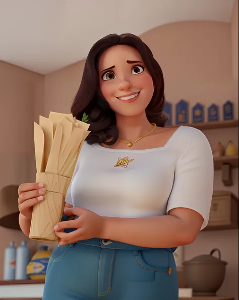 Uma mulher, segurando um copo com colheres de madeira, estilo disney pixar, alta qualidade, melhor qualidade