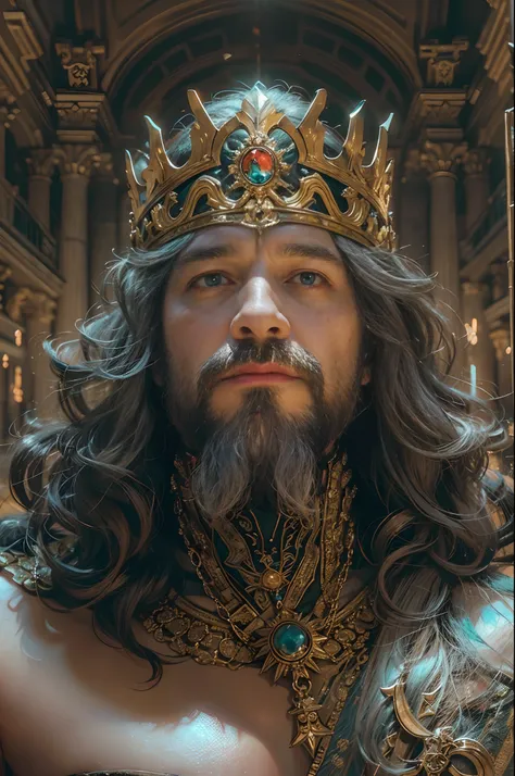 The old man wore the crown on General Maximus by Russell Crowe（Russell Ella Crowe）Play（cinematic ligh：gladiator）Head，，，Coronation as king，Short dark brown hair，Small waves，Crown on head，Dressed in the emperors robes，Delicate muscle contours, Realistic depi...