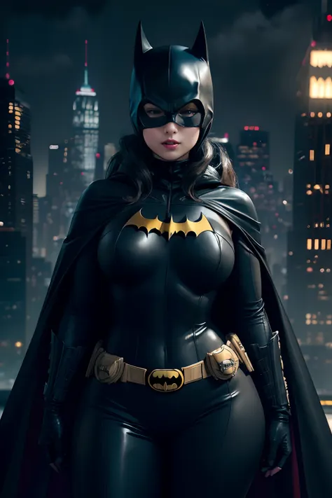 batman cosplaying in a black latex suit and cape, batgirl, anigirl batman, nighttime in gotham city, thicc, cosplay on black har...