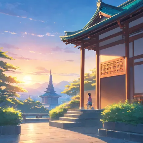 "Masterpiece, Best quality, cinematic Film still from, Aoba Yuzutsu, There is no one in the picture，Temple, Spring afternoon, Close-up, Bright, cheerfulness, Attractive, Warm and soft lighting, Sunset, (spark of light:0.7)"