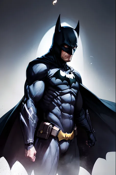 batman standing in shadows, upper body portrait, dark, somber lighting, crescent moon