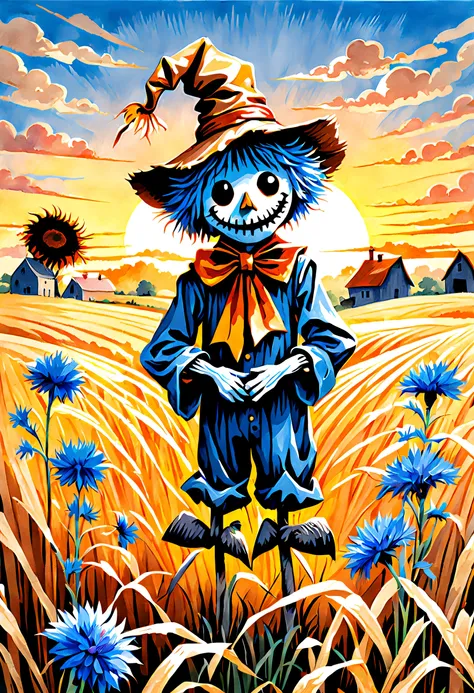 Summer, Best quality, Ink painting, acrylic pour, Cute scarecrow imp creature on a verge field of straw in detail, Cornflower, Sunrise, farm house, author：craola, dan munford, Andy Kiho, 2D, flat, Cute, Adorable, Vintage, Art on cracked paper, fairytale-li...