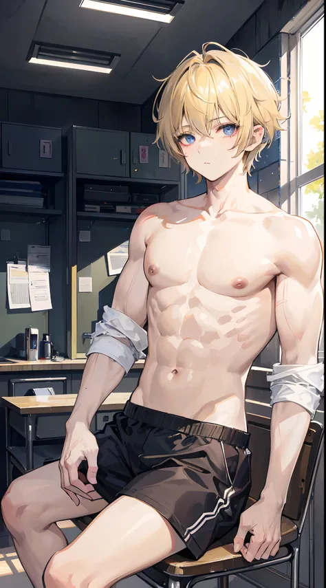 Absurdres masterpiece HDR high quality picture of Handsome boy , handsome face, detailed face, blonde hair , very Short hair, ((messy cut hair style:1 )) , anime eyes, light skin , ((muscular:1)),masculine ,age 18 , 

Wearing a school varsity, topless , si...