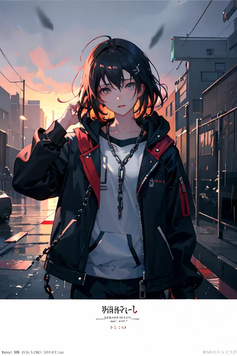 1girl, jacket, rain, outdoor, hoodie, open jacket, chain, backpack, looking at another, messy hair, trending on artstation, 8k resolution, highly detailed, anatomically correct, sharp image, digital painting, concept art, trending on pixiv, style of makoto...