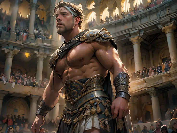 Victorious gladiators, Powerful gladiator, Russell Crowe（Russell Ella Crowe）Played by Maximus（gladiator），Short dark brown hair，Small waves，Upper torso exposed, Undress the legs from thigh to toe,  Detailed muscle physique, Lifelike depiction, 4K 分辨率. Backg...