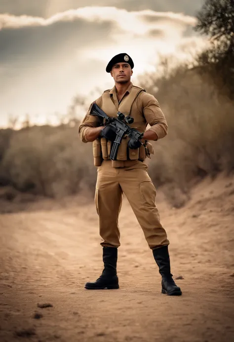 poster of a military soldier, muscular body, with light ocher uniform, black beret, black boots, light ocher vest, dynamic pose, standing full body, in the background, ultra realistic, best quality, high quality, epic scene, cinematic