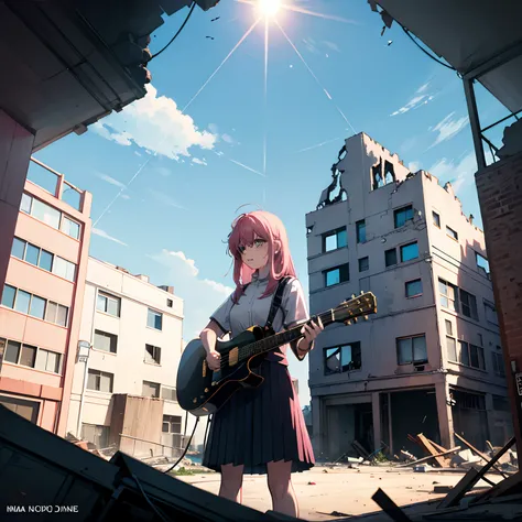 devastated　Collapsed building　blue-sky　Pink jersey　Playing the guitar　perspired　Reflection of the Sun