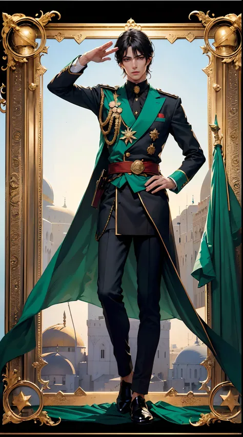 (((Palestine  flag))) Royal man, (((elegant pose)))young noble man, black hair, light blue eyes, tall and handsome body posture, handsome face, European nobleman, black noble uniform,  His shirt has a royal Arabian sword  logo on it. pose holding a rose wh...