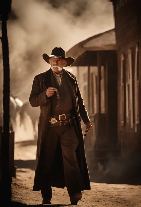 Portrait of a old time western sheriff smoking a cigar while he walks down a dusty western street, full body