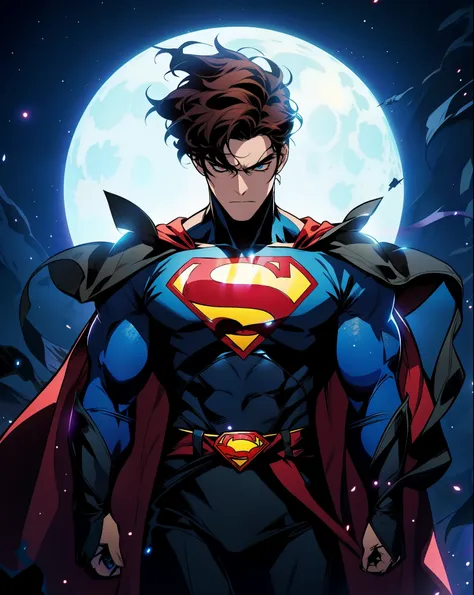 a cartoon 1male figure, superhero (similar to superman) in the dark with a full moon behind him, badass anime 8 k, superman (her...