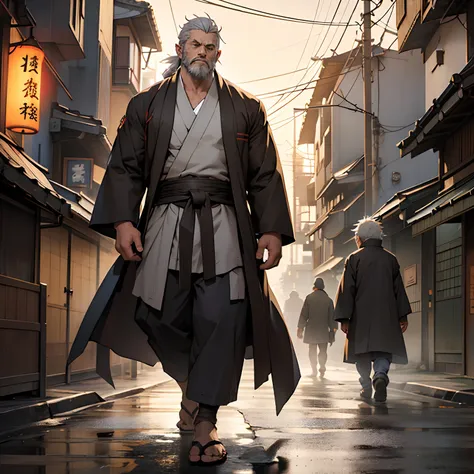 A strong gnome man in dirty clothes, ripped clothes, handmade trenchcoat, walking on the streets of Japan at night, Japan, tattered monk robe, holding a cane made of wood, he lowered his head, indifferent expression, there were people around him looking at...