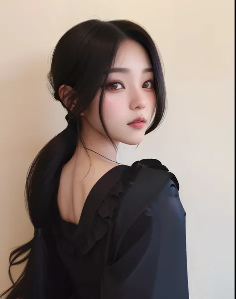 Arafed asian woman with long black hair and a black dress, preto hime corte cabelo, rabo de cavalo cabelo preto, branco hime corte penteado, cabelo de rabo de cavalo preto, Ulzzang, rabo de cavalo preto, rabo de cavalo preto longo, Sui Ishida com cabelo pr...