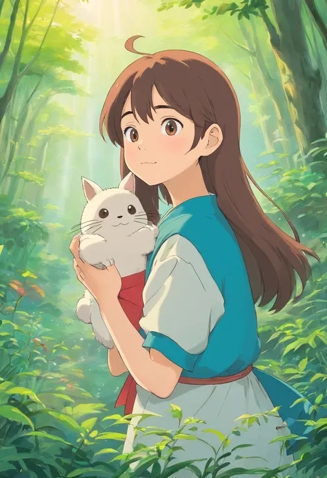 Draw a Ghibli-style character。The characters contain elements of nature and fantasy、It will have adorable facial expressions and a distinctive animation style。Add beautiful fantasy landscapes and magical elements to the background。