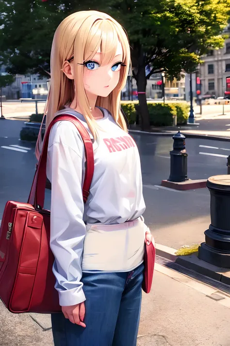 Anime - style image of a woman with blonde hair and blue eyes standing on a city street, realistic anime 3 d style, realistic anime art style, Anime style. 8K, anime style like fate/Stay Night, In anime style, semirealistic anime style, Anime Realism Style...