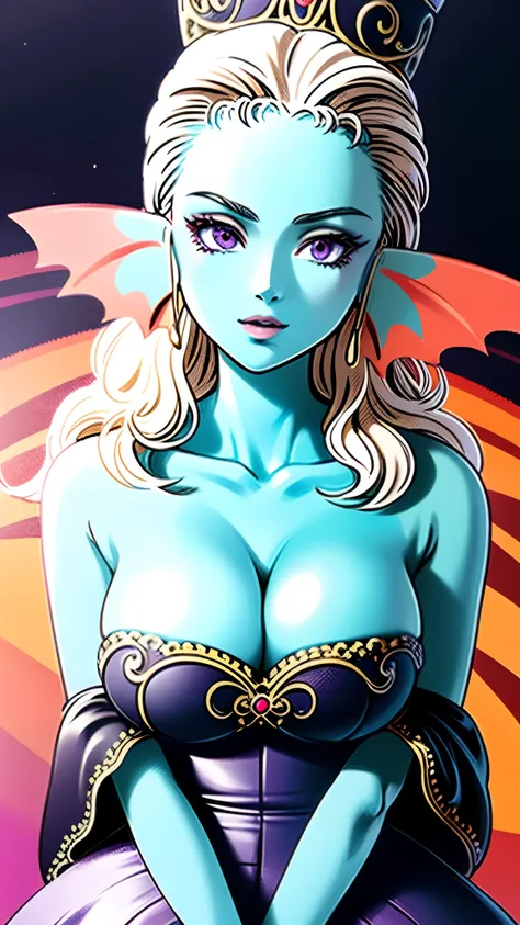 8K,high quality,anime,married woman,beautiful,beautiful,bright,eye highlights,purple eyes,sexy,super big tits,oversized boobs,dark blue nipples,erotic,beautiful line drawing. Blue skin, blue and orange gradient fins, nude, nothing on, nothing on, nothing o...