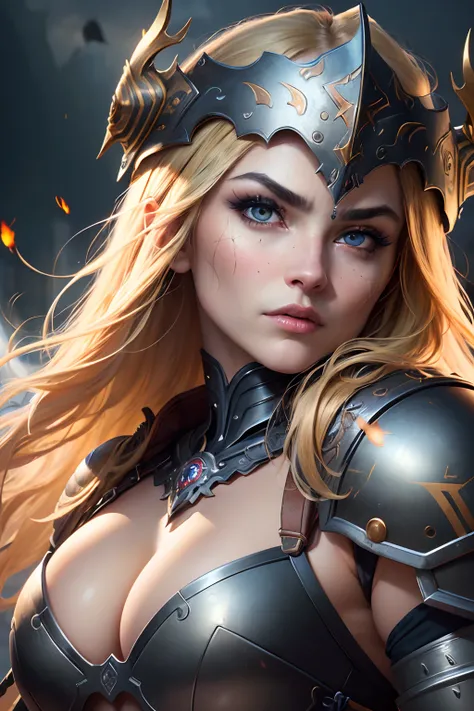 ((best quality)), ((masterpiece)), (detailed), beautiful face, female warrior, (defiance512:1.2), big eyes, heavy black iron armor, detailed helmet, intense gaze, battle-ready, contrasting soft skin, (lighting:1.2), close-up portrait, 4:3 aspect ratio