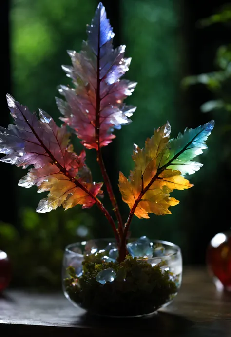 live action、very real、transparent crystals、colored leaves