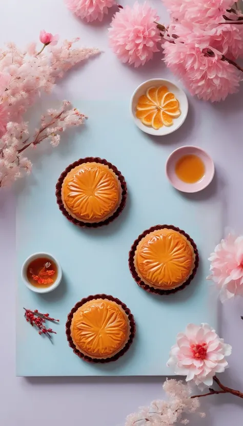 clew：A photo full of Mid-Autumn Festival atmosphere，It shows delicious mooncakes and a bright moon。in the photo，A plate of beautiful mooncakes is placed in a traditional mooncake box，The surface of the mooncake is painted with delicate patterns and pattern...