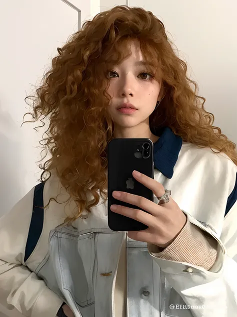 Theres a woman with long curly hair taking a selfie, com cabelos ruivos cacheados, com longos cabelos cacheados, franja encaracolado, pale skin curly blond hair, gengibre cabelo ondulado, cabelos cacheados cor de cobre, cabelos loiros cacheados | d & d, Ul...