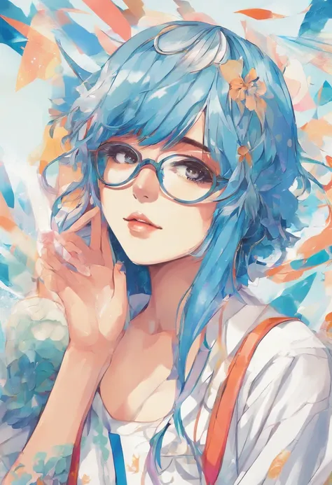 Anime girl with blue hair and bangs with glasses with beautiful tanned skin looking at the camera