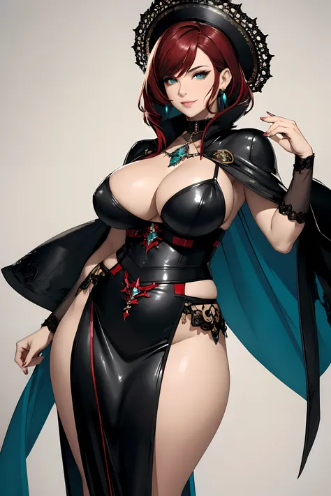 masterpiece, best quality, 1woman adult, older milf, solo, highlight black red hair, vibrant aqua eyes, medium hair with fringe, looking at viewer, cape, High quality metal texture, closed mouth, full body view, bangs, high collar,(kbxll:0.6), Fantasy aest...