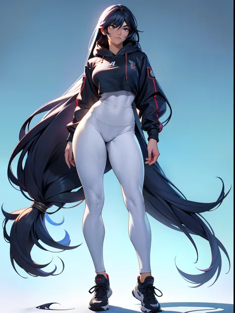 Extremely long hair Perfect anatomy 1 tall girl with curves only ((muscular)) sudadera con capucha leggings cuerpo tonificado, ((sthe highest qualit)) muy detallado, calidad 8k resolution