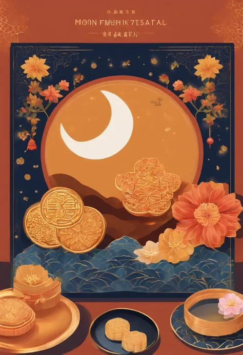 clew：A photo full of Mid-Autumn Festival atmosphere，It shows delicious mooncakes and a bright moon。in the photo，A plate of beautiful mooncakes is placed in a traditional mooncake box，The surface of the mooncake is painted with delicate patterns and pattern...