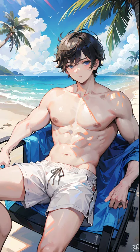 Absurdres masterpiece HDR high quality picture of Handsome boy , handsome face, detailed face, detailed hair, chubby boy, fat body, very Short hair, ((messy cut hair style:1 )) , anime eyes, light skin , 

topless , wearing summer shorts, sitting comfortab...