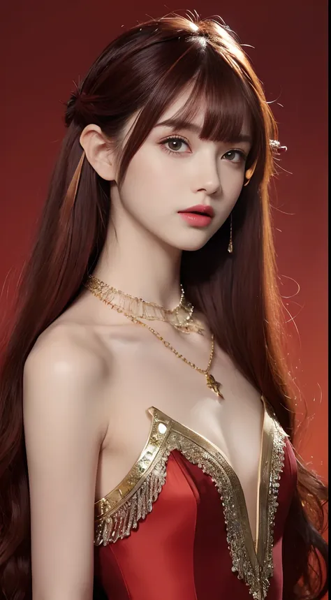 （(独奏)）,offcial art,Face focus,（(a small face:1.5)）,view the viewer,（(Costumes in Greek mythology)）,18yr old,A beautyful girl, Swarovski red silk dress, Rainbow color long ponytail,Curly hair on the head,Reticulated hair color, （(By bangs:1.8)）,Swarovski Cr...