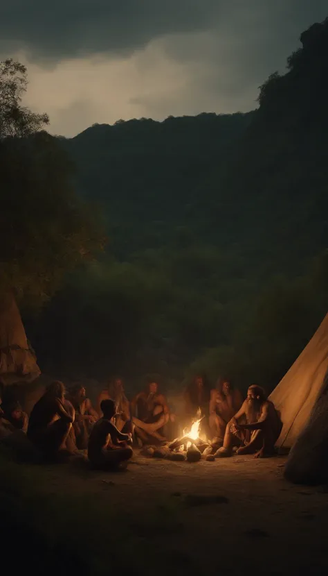 A prehistoric landscape with caves, dense vegetation and a group of hominids around a fire-lit camp.