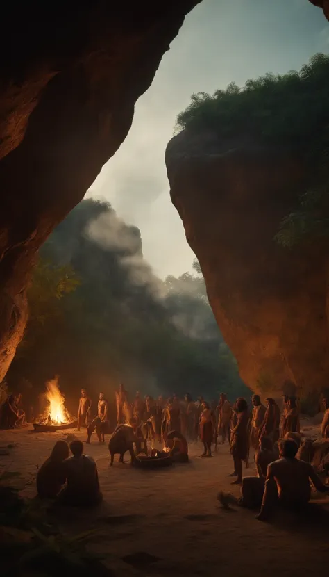 A prehistoric landscape with caves, dense vegetation and a group of hominids around a fire-lit camp.