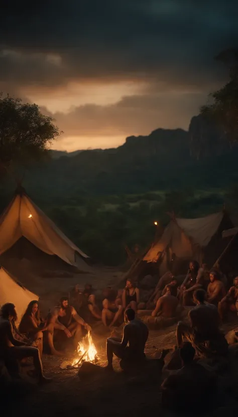 A prehistoric landscape with caves, dense vegetation and a group of hominids around a fire-lit camp.