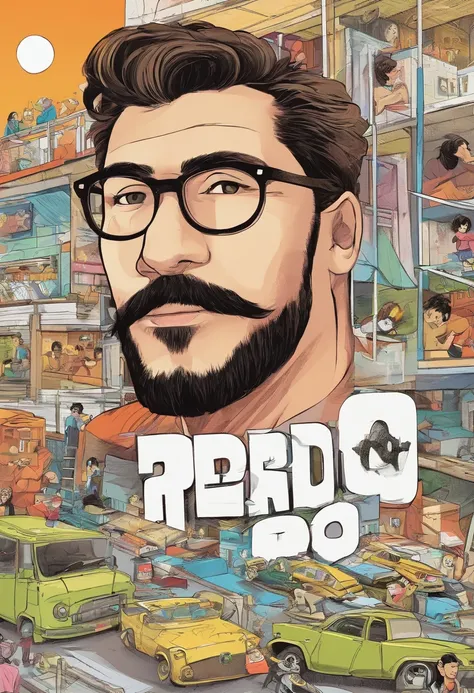 Criar um cartaz de filme com o nome "Pedro", Estilo Disney Pixar Com um homem com muito curto, cabelos loiros cinzas.  rosto fino.  preto, square prescription glasses and a black T-shirt.  arms crossed, olhos verdes acinzentados, com um pouco de barba e bi...