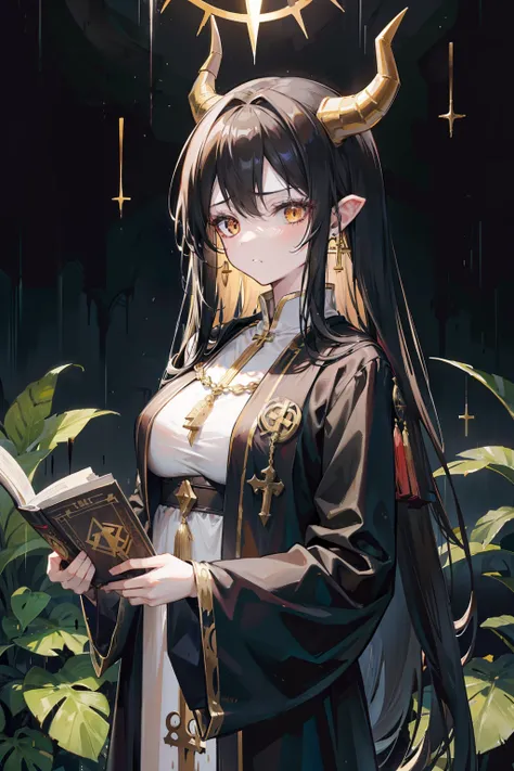 Tall and mature anime girl, messy long black-brown hair, good anatomy, horns on her head, runic symbols on her face, wearing a dirty ancient robe with gold design , disheveled appearance, standing in the rain, holding a tome, dark environment, standing inf...