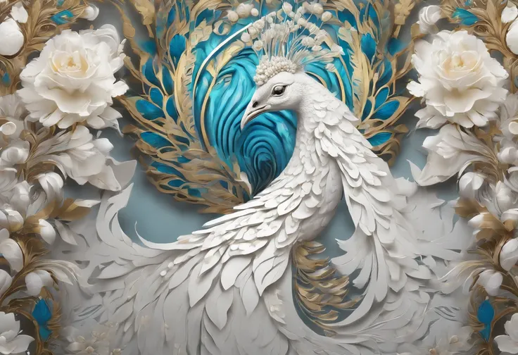 White peacock with flowers on the branches, beautiful and graceful, Beautiful and elegant, Detailed beautiful tail, 8K high quality detailed art, peacock, peacock colors, Peacock in the desert, peacock. Intricate, blue phoenix bird, beautiful animal pearl ...