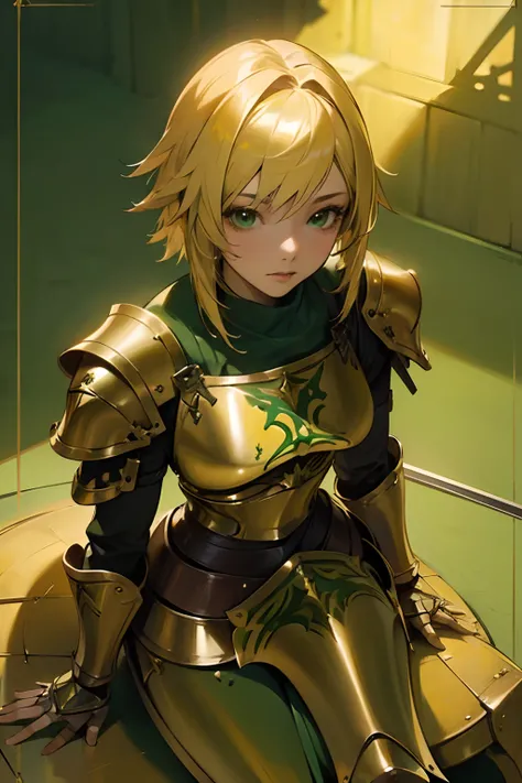 (masterpiece), beautiful anime girl sitting looking at the viewer (((top view))) in shiny golden & green medieval highly detailed armor (((in Final Fantasy aesthetic style))), (body focus), standing, 4k, UHD, (best quality)