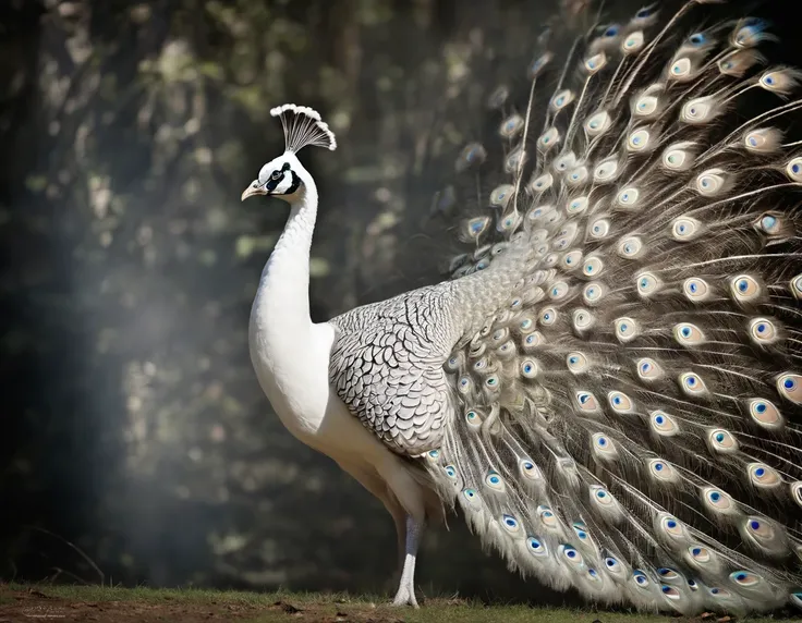 Best quality, Amazing artwork of beautiful white peacock, intricately details, (Best shadow), elegant, voluminetric lighting