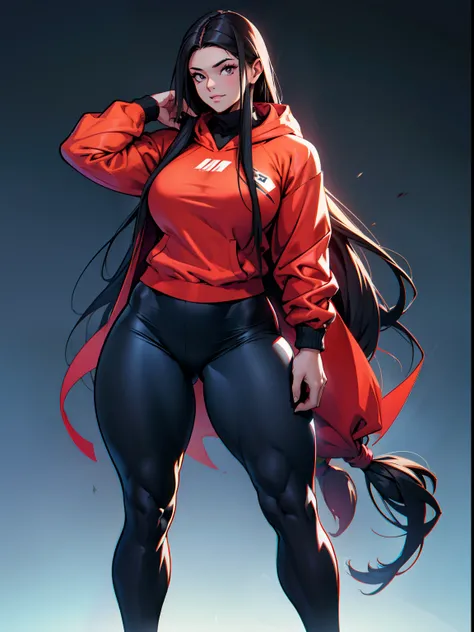 Extremely long hair Perfect anatomy 1 tall girl with curves only ((muscular)) sudadera con capucha leggings cuerpo tonificado, ((sthe highest qualit)) muy detallado, calidad 8k resolution