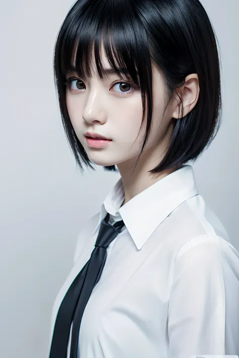 (1girl in), Japan at 25 years old,Medium head of black hair, Amazing face and eyes, Black tie,white  shirt,((Best Quality)), (Ultra-detailed), (extremely detailed CG unified 8k wallpaper), Highly detailed, High-definition raw color photos, Professional Pho...