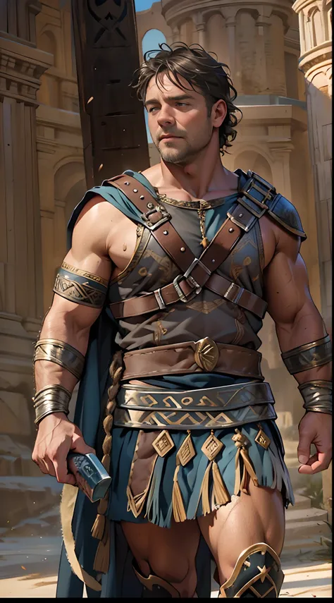 gladiator, Russell Crowe（Russell Ella Crowe）Played by Maximus（gladiator），Short dark brown hair，Small waves，Bare chest, Lower body from thighs to feet, Long curly hair is layered, Meticulous muscle definition, Realistic depiction, 4K quality. Background: An...