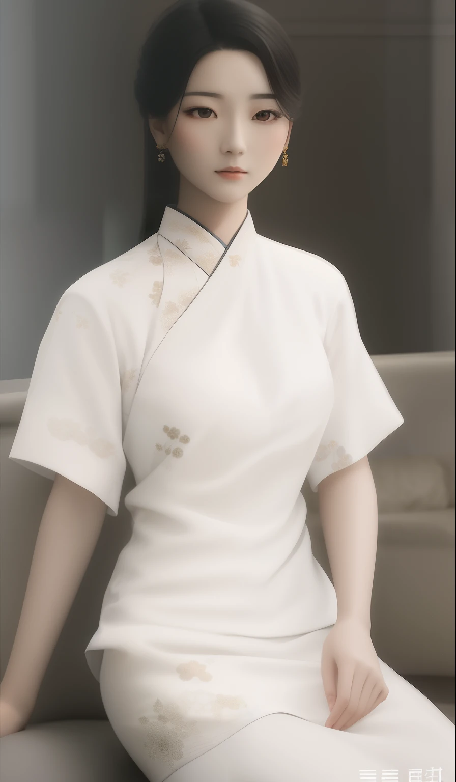 arafed woman in a white dress sitting on a couch, inspired by Gao Qipei, inspired by Yao Tingmei, porcelain japanese mannequins, inspired by Gao Xiang, inspired by Min Zhen, inspired by Chen Chun, inspired by Itō Shinsui, inspired by Yun Du-seo, inspired b...